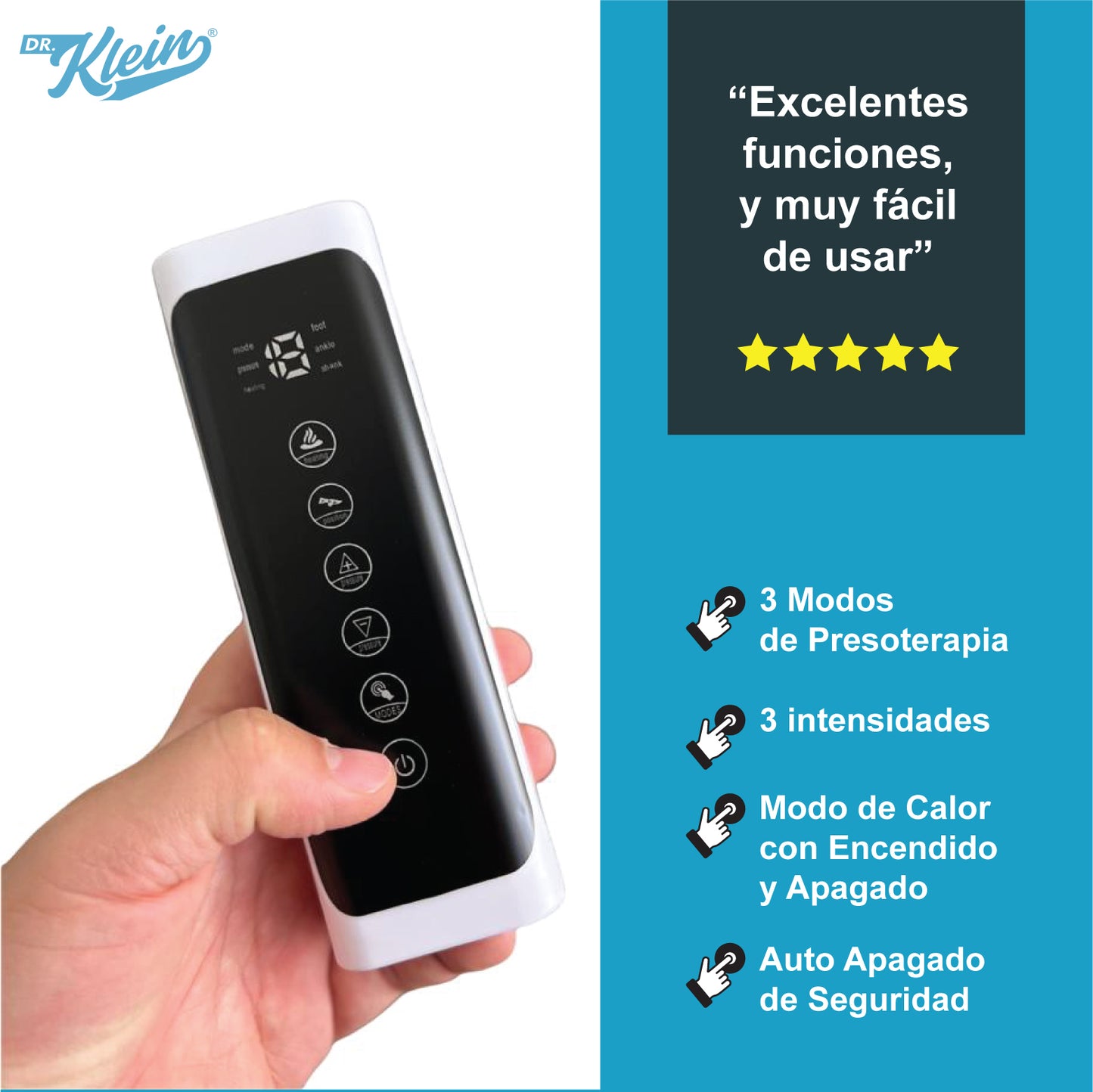 Material de promocion de las Botas Klein® que enseñan el control sostenido por una mano. En texto: 3 modos de presoteraía. 3 intensidades, Modo de Calor con encendido y apagado. Auto apagado de seguridad. Opinion de usuario con 5 estrellas.